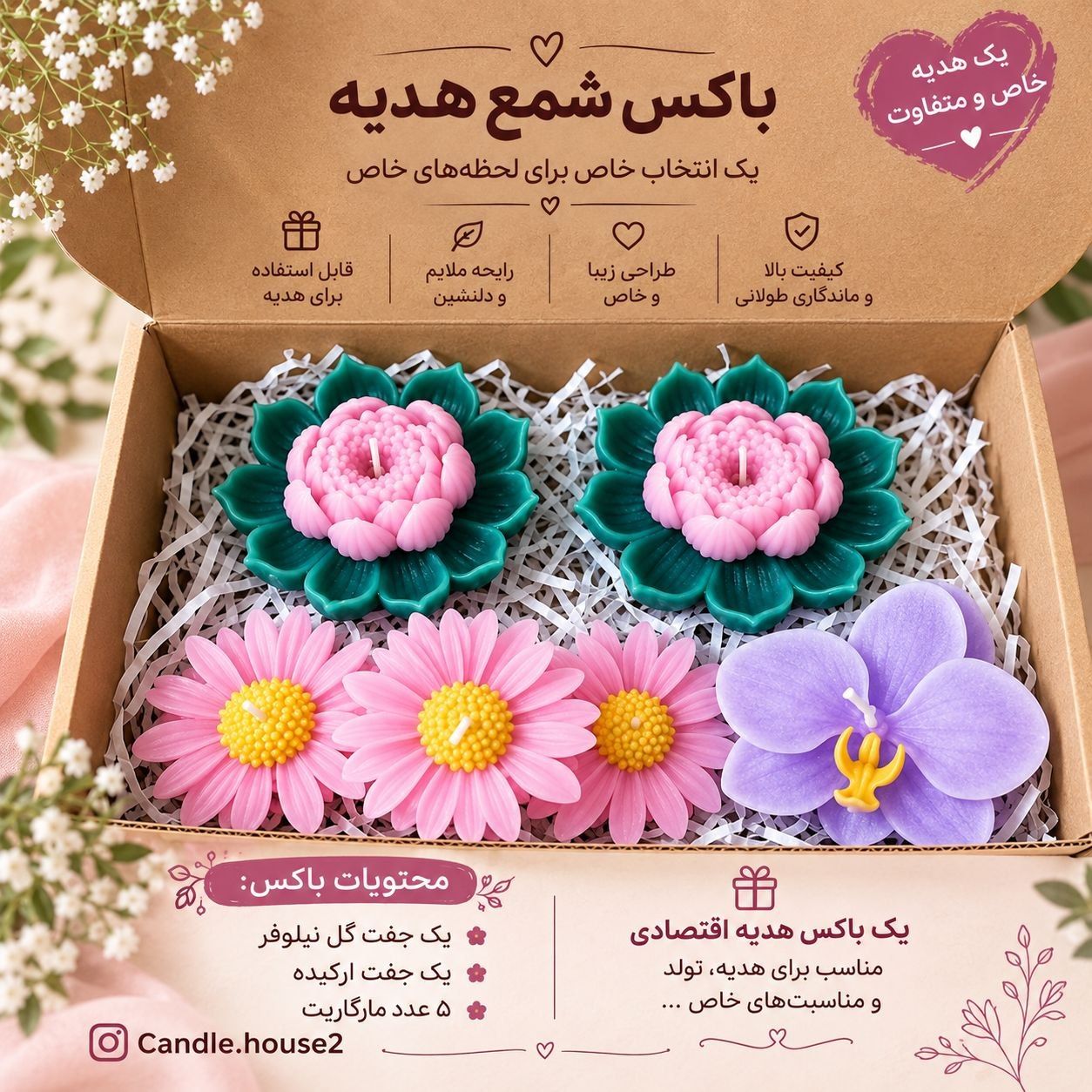 باکس شمع هدیه 4(5 عدد مارگاریت,نیلوفر آبی,2عدد ارکیده)